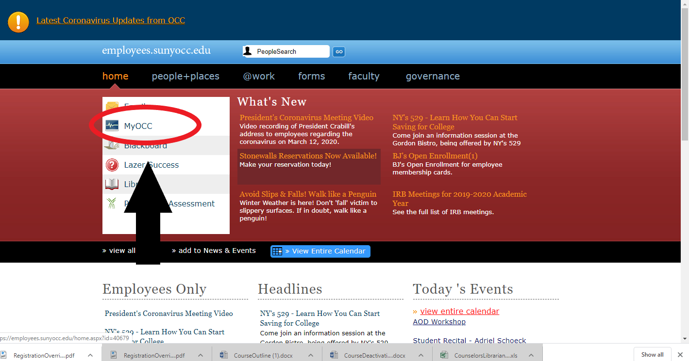 Employee homepage with a red circle around the MyOCC button with a black arrow pointing at it. 