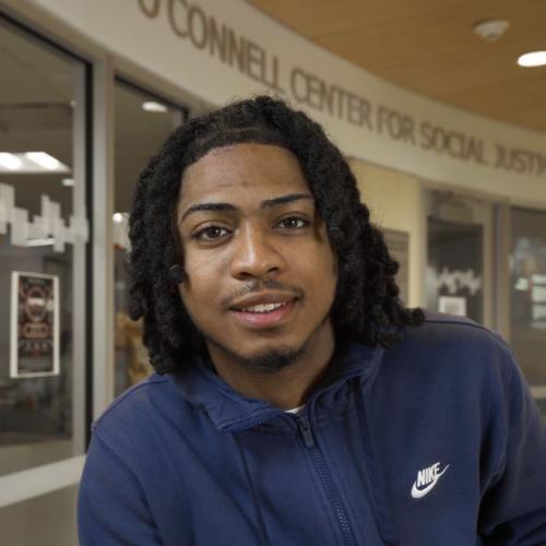 Jaedin Feimster is a New York City native who has improved his grades each semester as he's become more involved in campus life. He will complete his Humanities & Social Sciences degree in May.